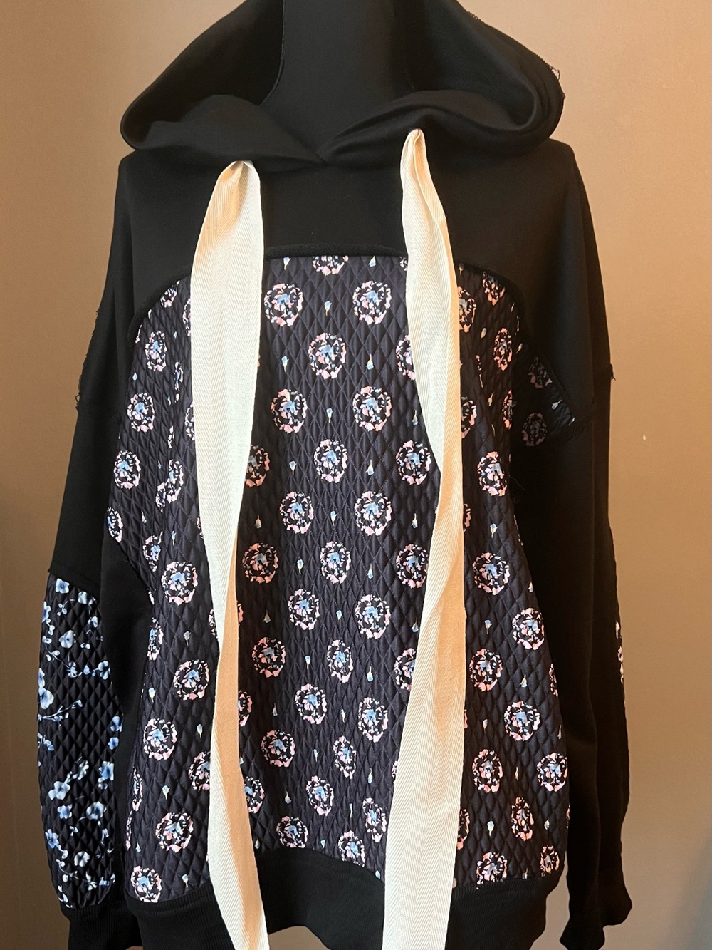 Patchwork Quilted Floral Panel Hoodie with flat-weave linen Drawstrings